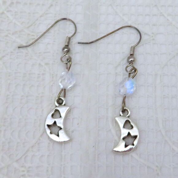 Handmade Silver Toned Crescent Moon Dangle Earrings, Moon Lover Gift for Women - Picture 1 of 8